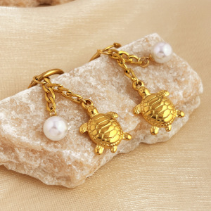 Boucles D'Oreilles Pendantes Pour Femme, Style Plage Estivale, Motif Tortue Mignonne, En Acier Inoxydable Étanche, Couleur Or (1 Paire). h5 Image5