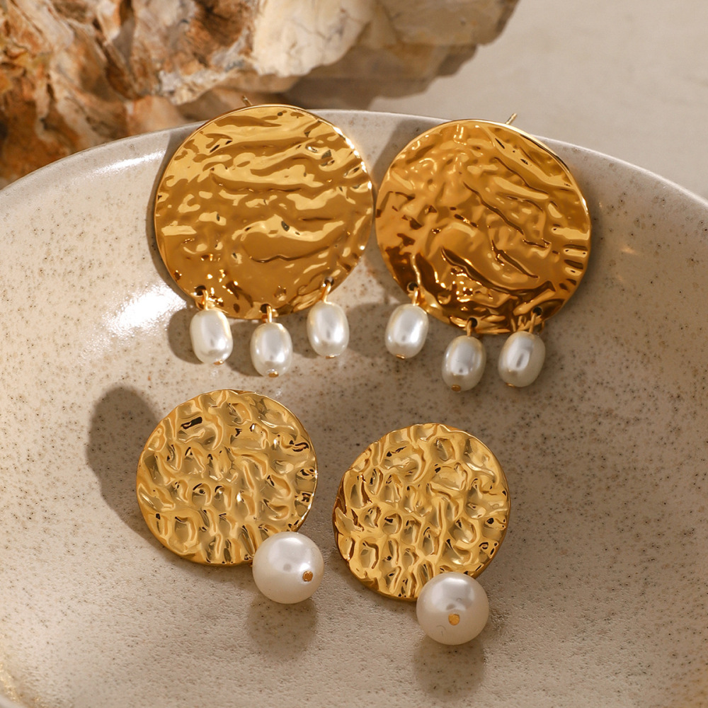 1 Paire De Boucles D'Oreilles Pendantes En Acier Inoxydable Or  Avec Perles Ovales Martelées Et Rondes, Style Personnalité, Bijoux Tendance Pour Femmes Image4