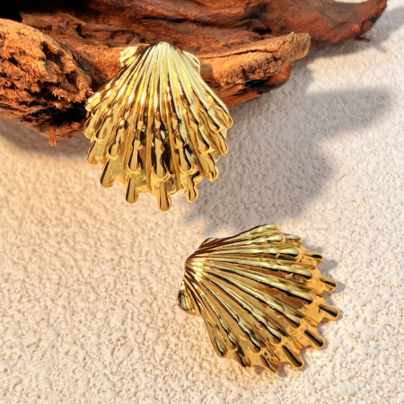 Boucles d'oreilles puces pour femme, en acier inoxydable, couleur or, motif coquillage (1 paire). 2