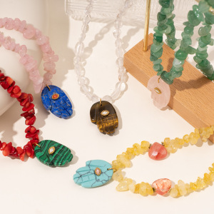 Collier De Perles Pour Femme, Style Bohème, En Acier Inoxydable, Couleur Or, Orné De Pierres Naturelles Irrégulières Et De Formes De Main (1 Pièce). h5 Image4