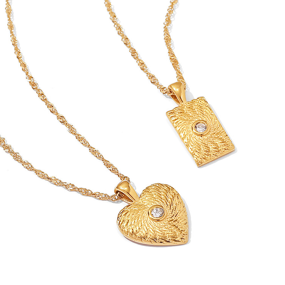 Collier Avec Pendentif En Forme De Cœur, Carré Et Ovale, Style Rétro Simple, En Acier Inoxydable Plaqué Or , Pour Femme Image6