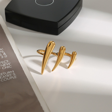 Bague ajustable pour femme, style minimaliste punk, en acier inoxydable, couleur or, étanche, avec motif goutte d'eau. 2