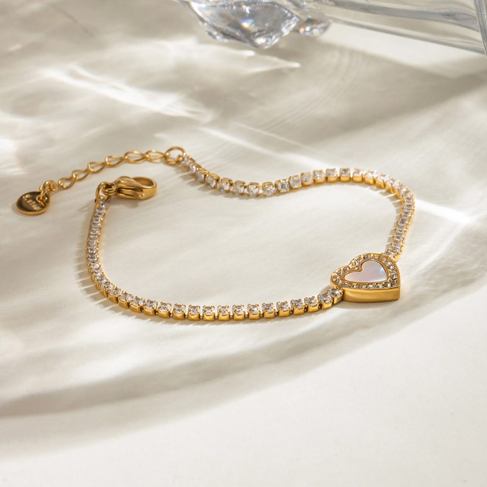 Bracelet À Breloques Pour Femme En Acier Inoxydable Plaqué Or  Avec Strass, Série Simple Sweet Heart Image4