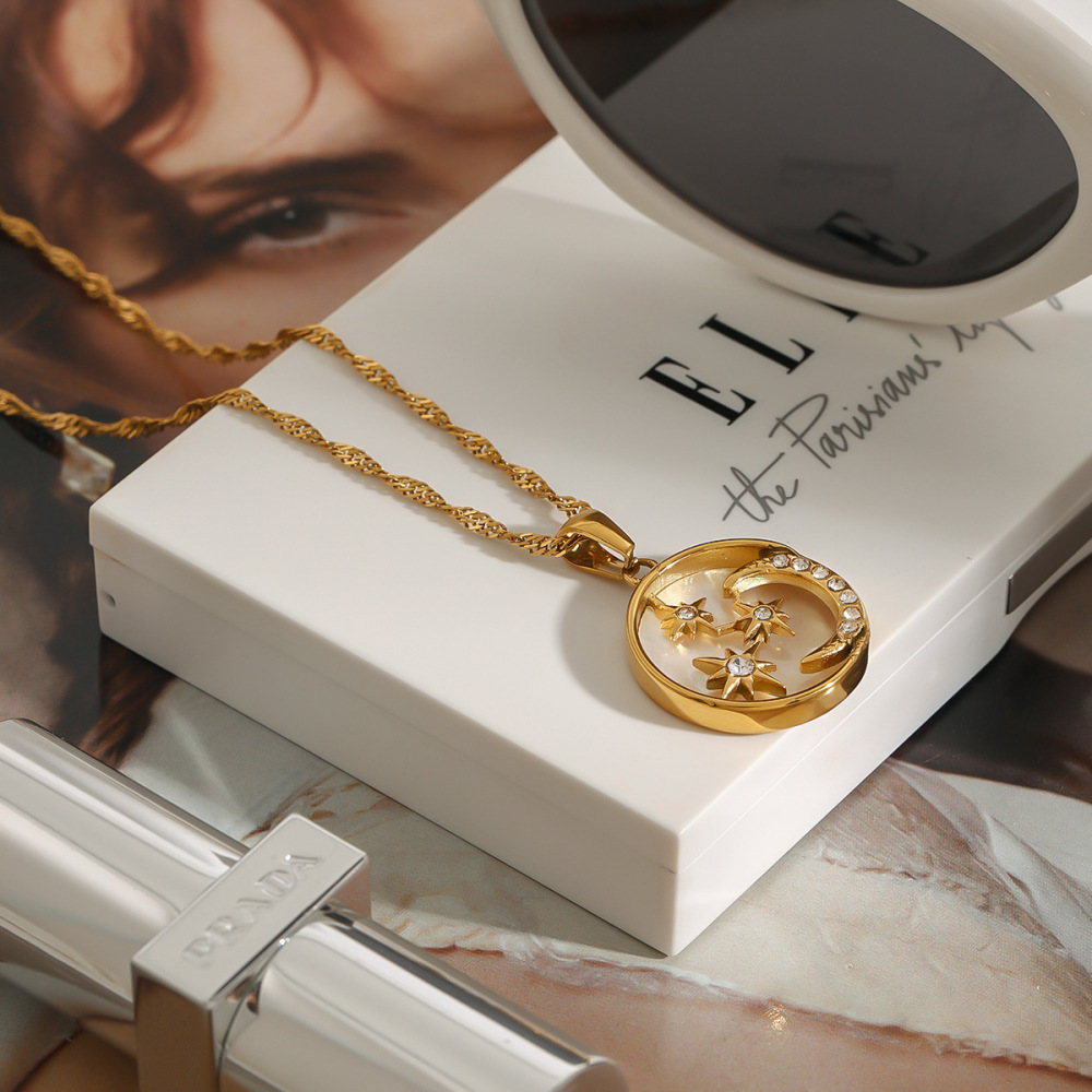 Collier Pendentif Femme De Luxe, Motif Étoile Et Lune, En Acier Inoxydable Étanche, Couleur Or (1 Pièce) Image6