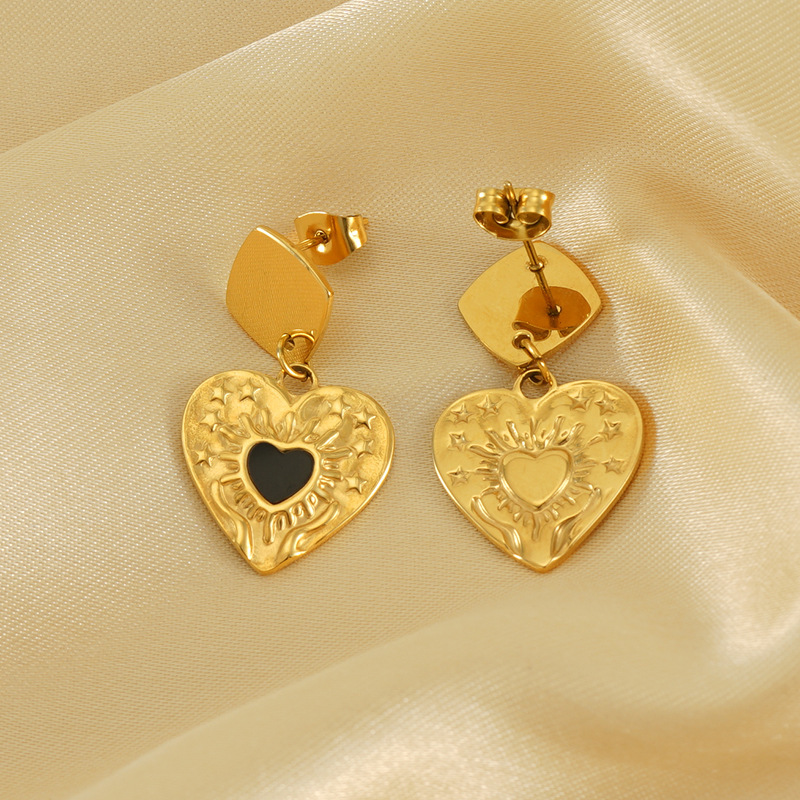 1 Paire De Boucles D'Oreilles En Acier Inoxydable, Simples, Géométriques, En Forme De Goutte D'Huile, En Forme De Cœur, En Titane Plaqué Or , À Motif Martelé, Polyvalentes, Pendantes Pour Femmes Image3