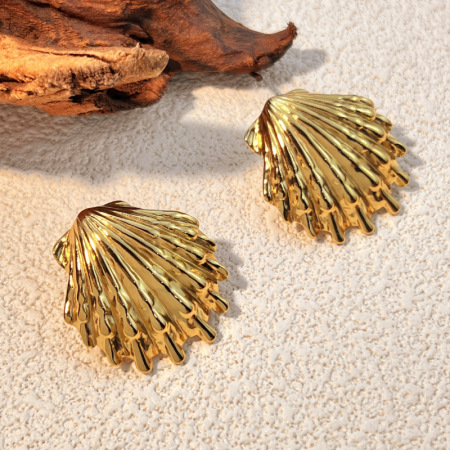 Boucles d'oreilles puces pour femme, en acier inoxydable, couleur or, motif coquillage (1 paire).