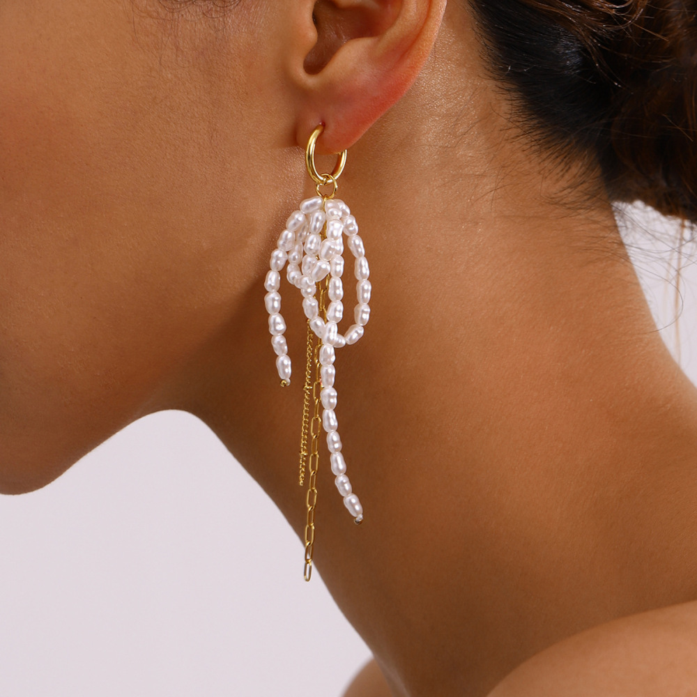 Boucles D'Oreilles Élégantes À Pompons Et Nœud Papillon, En Acier Inoxydable Imperméable, Couleur Or, Pour Femme (1 Paire). h5Image5