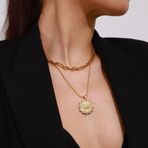 Collier Pendentif Femme En Acier Inoxydable Doré, Étanche, En Forme D'Étoile À Huit Branches (1 Pièce), Collection De Luxe h5 Image8