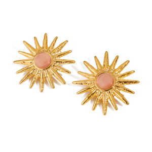 1 Paire De Boucles D'Oreilles Puces Élégantes Et Luxueuses Pour Femme, En Acier Inoxydable Doré Imperméable Avec Pierre Naturelle, Collection Soleil. h5 Image6