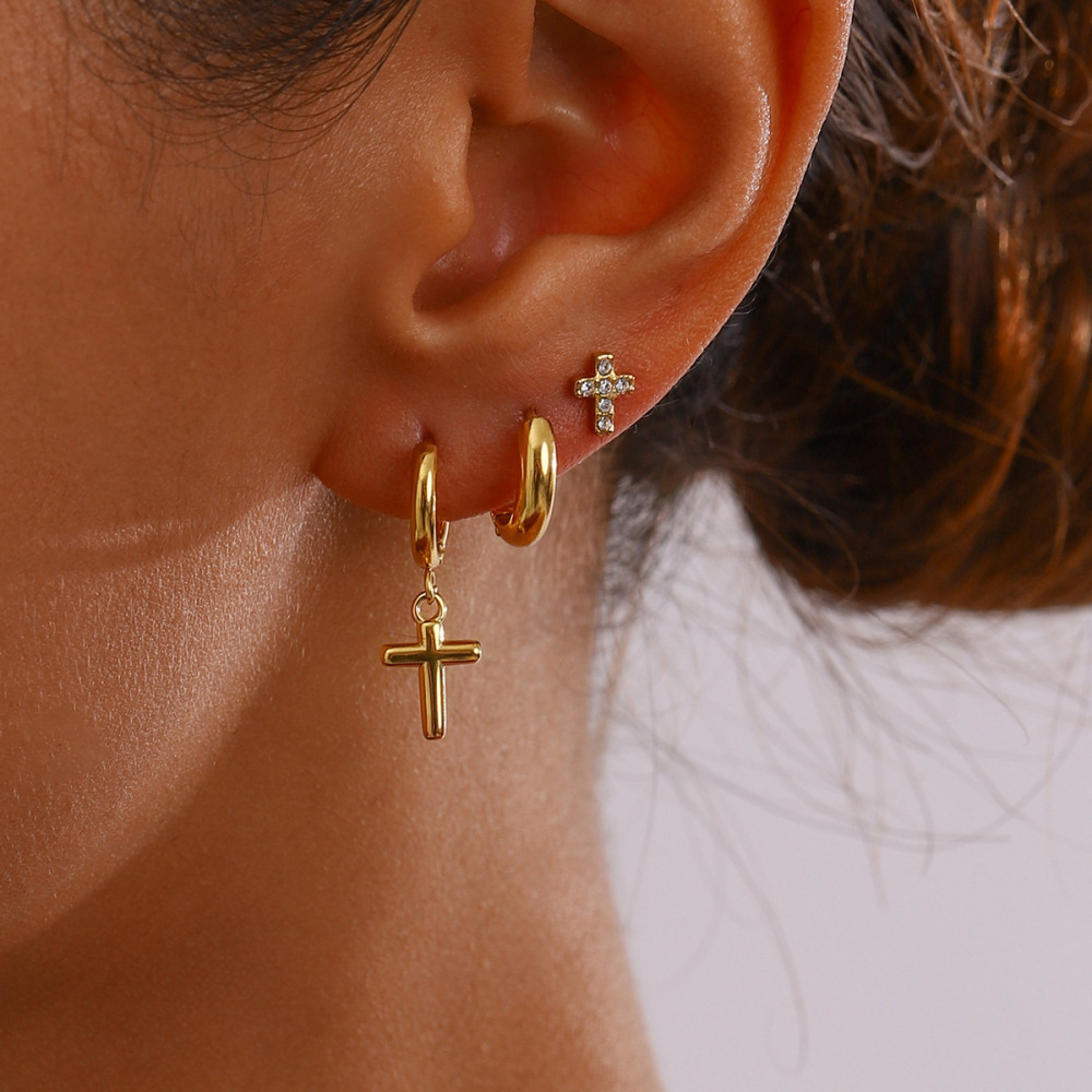1 Paire De Boucles D'Oreilles Élégantes En Acier Inoxydable Plaqué Or  Avec Strass Pour Femme, Série Simple Image3