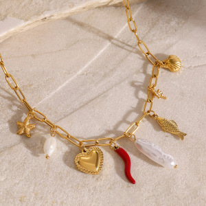 Collier Avec Pendentif Tortue De Vacances En Acier Inoxydable Plaqué Or  Et Perles Artificielles Pour Femme, Série Simple, 1 Pièce h5 Image4