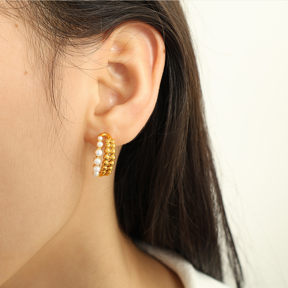 1 Paire De Boucles D'Oreilles Puces Rétro Classiques En Acier Inoxydable Plaqué Or Avec Perles Artificielles Pour Femme Image5
