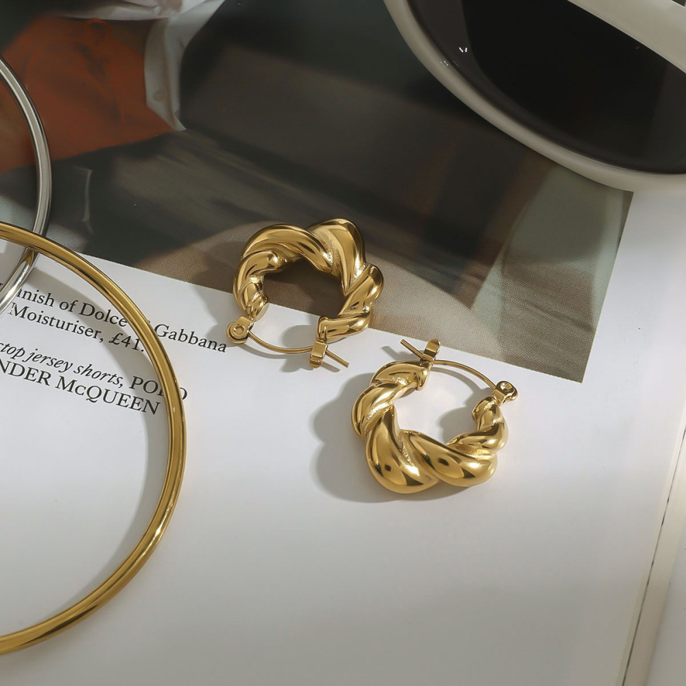 1 Paire De Boucles D'Oreilles Créoles Annulaires Daily Twist En Acier Inoxydable Étanche Couleur Or Pour Femme, Collection Classique Daily Twist Image9