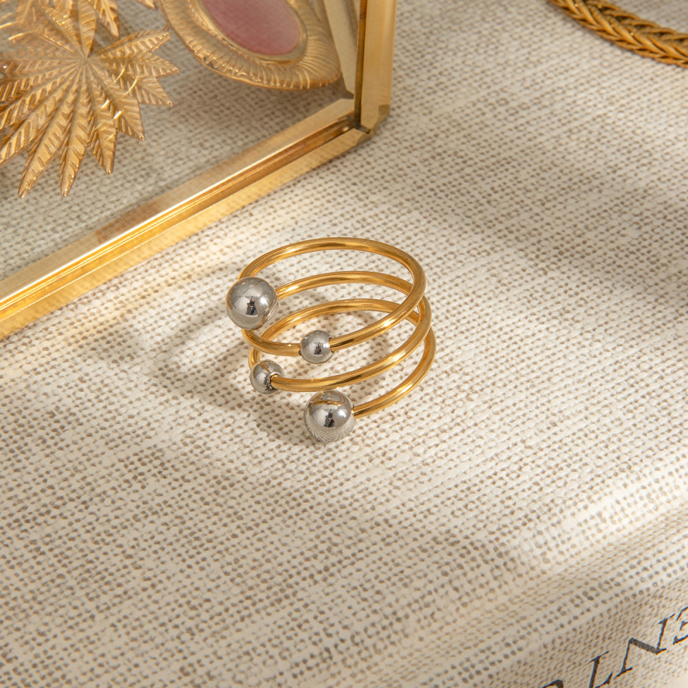 Bague Simple Pour Femme, Style Asymétrique, En Acier Inoxydable Doré, Étanche, Avec Une Ligne Sphérique Et Une Finition Sphérique. Image5