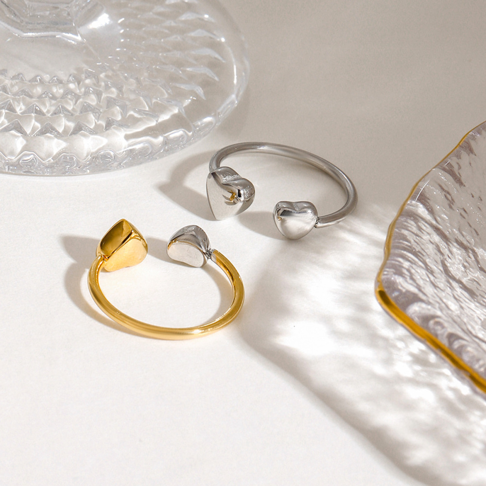 Bagues Ajustables Pour Femme, Style Minimaliste Romantique, En Acier Inoxydable Doré, Imperméables, En Forme De Cœur, Collection Romantique. Image4