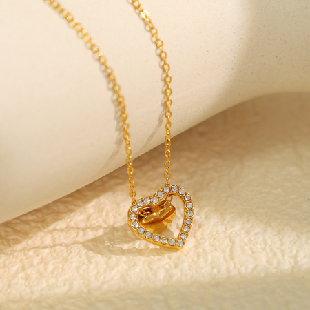 collier avec pendentif en forme de cœur élégant en acier titane plaqué or  et strass pour femme, série romantique, 1 pièce 2