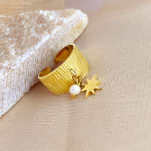 Bague Ajustable Pour Femme, Style Rétro, Motif Octogonal Ondulé, En Acier Inoxydable Étanche Couleur Or (1 Pièce). h5 Image4
