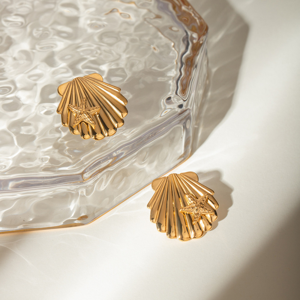 Boucles D'Oreilles En Forme D'Étoile De Mer Collante En Acier Inoxydable Or  De La Série Océan D' De Style Ins Transfrontalier Européen Et Américain, Bijoux Pour Femmes Image3