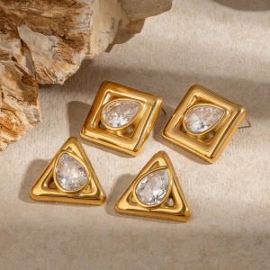 1 Paire De Boucles D'Oreilles À Tige Géométriques Simples En Acier Inoxydable Plaqué Or Et Zircon Pour Femmes h5 Image3