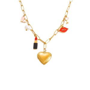 Collier Avec Pendentif En Forme De Cœur Classique En Acier Inoxydable Plaqué Or , Série Romantique, Pour Femme, Avec Perles Artificielles h5 Image8