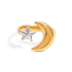 Bague Simple Pour Femme, Motif Lune Et Étoile, En Acier Inoxydable Étanche, Coloris Or Et Argent, Collection Classique. h5 Image6