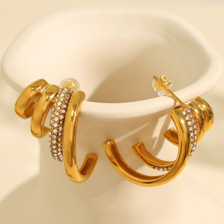1 paire de boucles d'oreilles à tige géométriques rétro en acier inoxydable plaqué or  avec strass pour femme 2