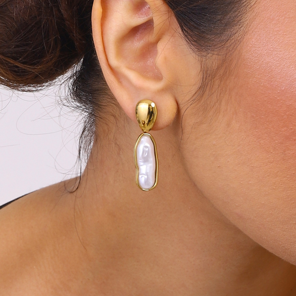 Boucles D'Oreilles Pendantes Pour Femme, Style Ovale Irrégulier, En Acier Inoxydable Doré, Étanches, Collection Classique (1 Paire). Image3