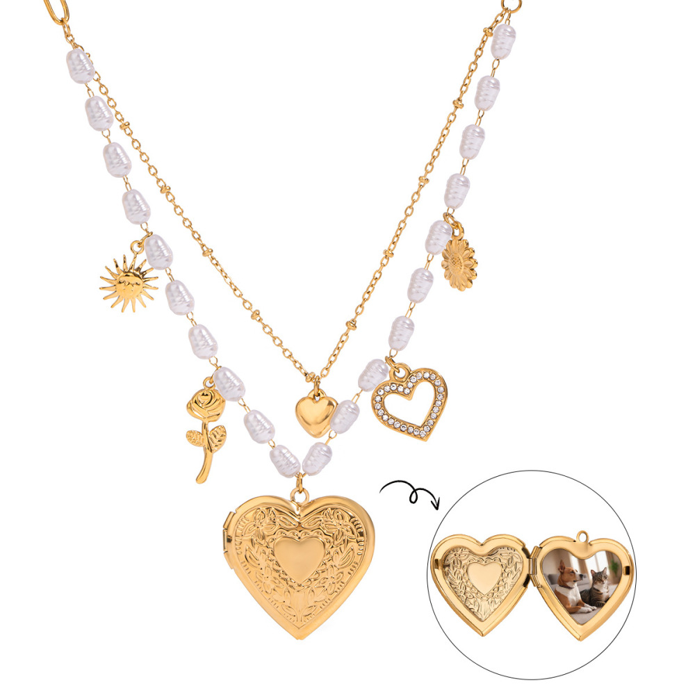 Collier Pendentif Classique En Forme De Cœur Et De Fleur, En Acier Inoxydable Étanche, Couleur Or, Pour Femme (1 Pièce) Image5