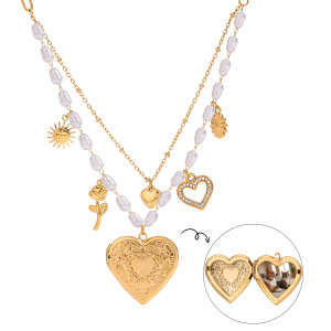 Collier Pendentif Classique En Forme De Cœur Et De Fleur, En Acier Inoxydable Étanche, Couleur Or, Pour Femme (1 Pièce) h5 Image5