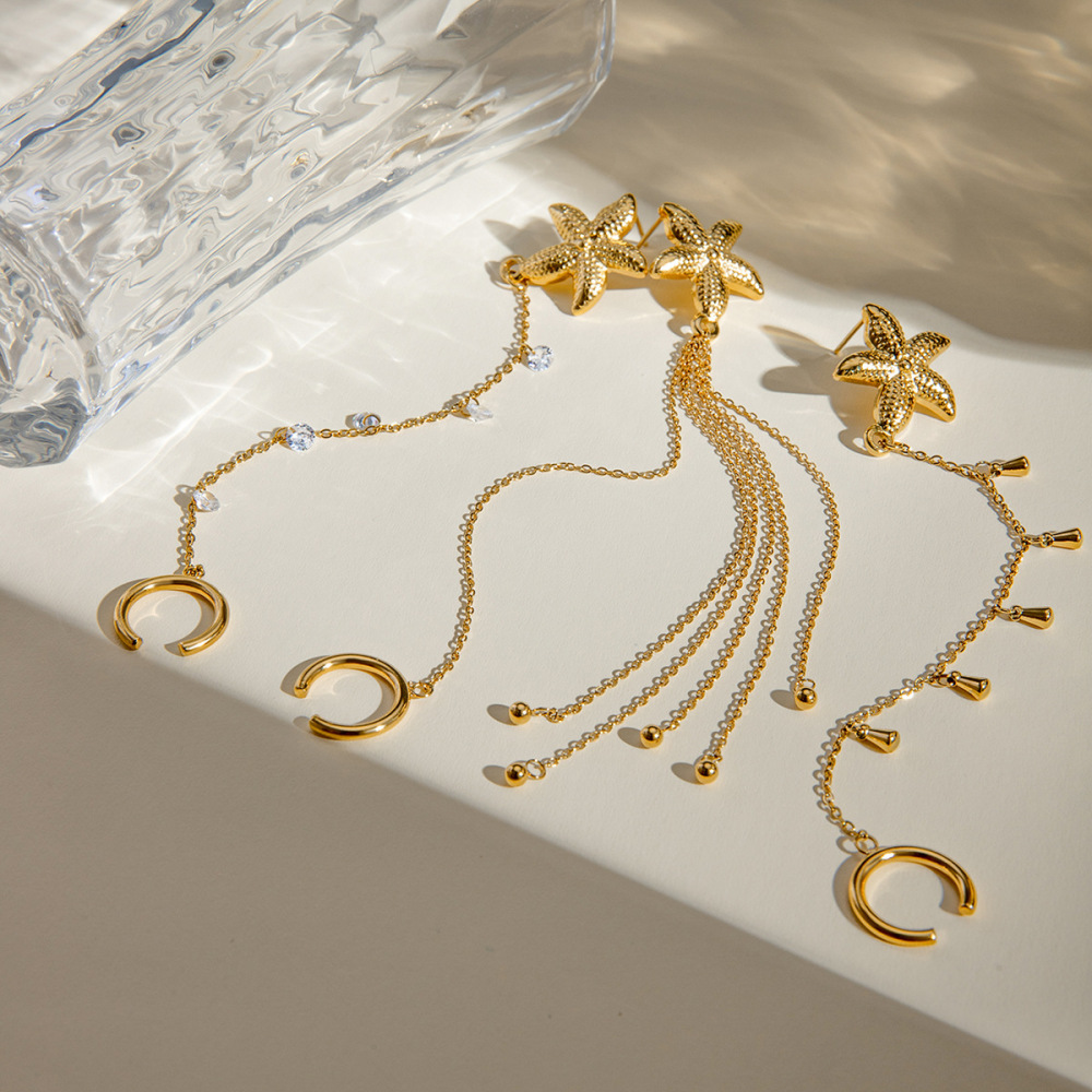 Boucles D'Oreilles À Clip En Acier Inoxydable Or Avec Strass Et Étoile De Mer, Style Ins Transfrontalier Européen Et Américain, Tendance Personnalité Haut De Gamme h5Image4