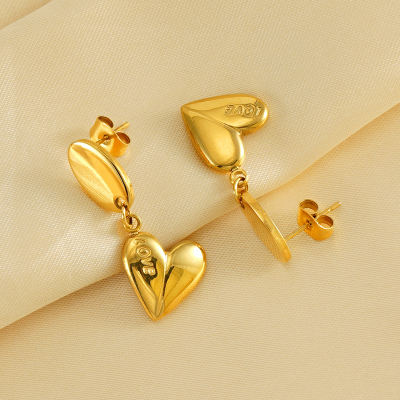 1 Paire De Boucles D'Oreilles Rétro En Acier Inoxydable Plaqué Or En Forme De Cœur Pour Femmes, Boucles D'Oreilles En Acier Titane À La Mode, Boucles D'Oreilles Pendantes Pour Femmes Image5
