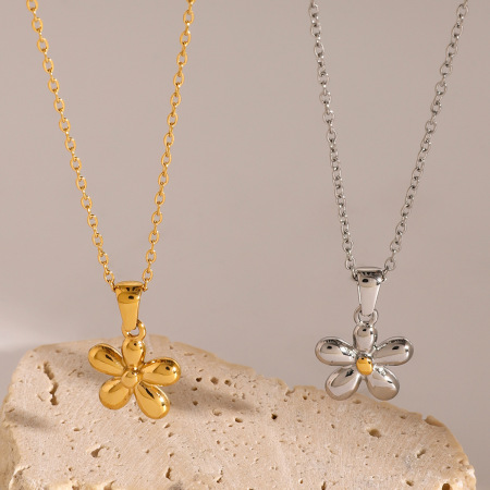 collier avec pendentif en forme de fleur simple, en acier inoxydable plaqué or , pour femme, 1 pièce 2