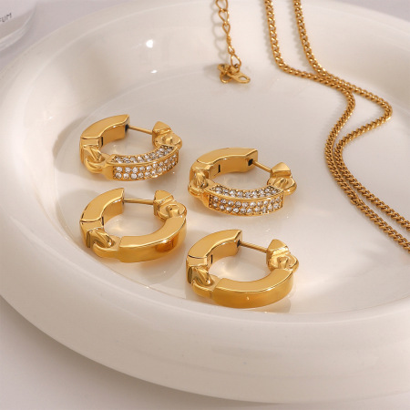 1 paire de boucles d'oreilles créoles élégantes en acier inoxydable plaqué or  avec strass pour femme, série simple
