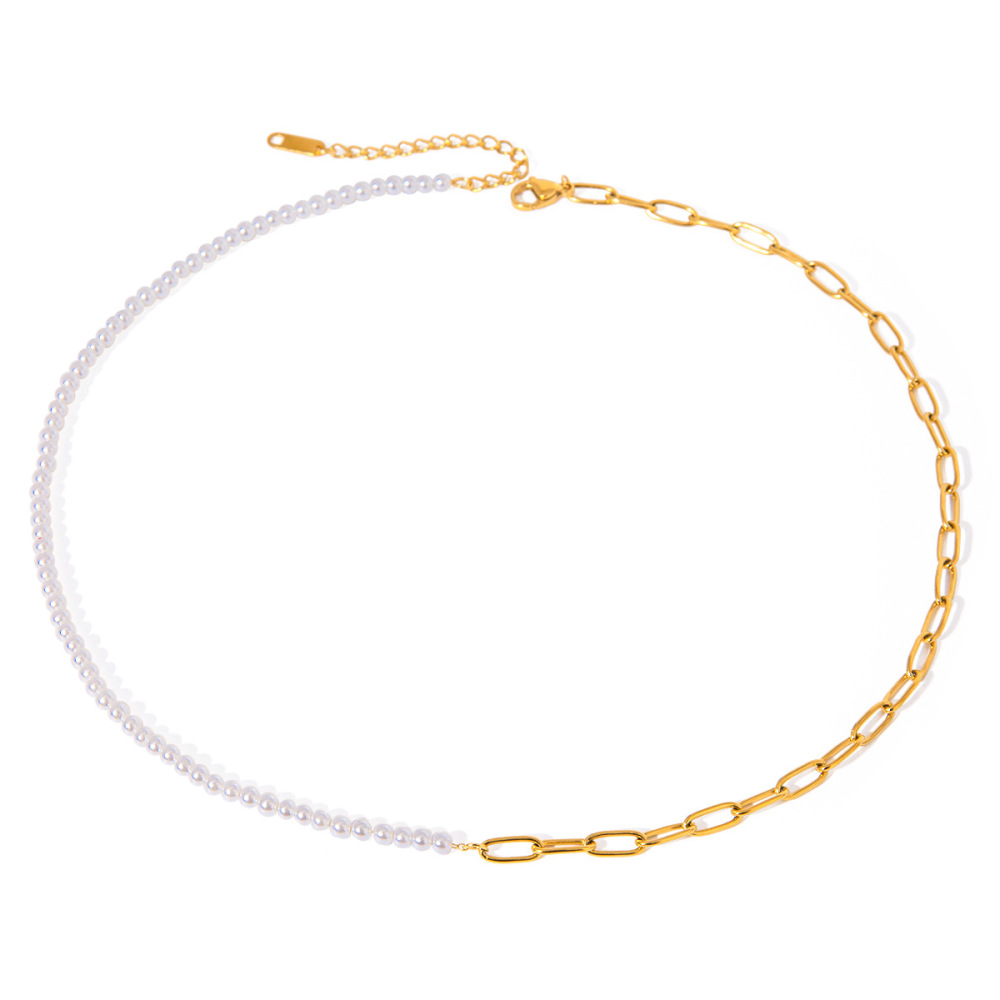 Collier Chaîne Pour Femme, Série Simple, Perles Classiques, En Acier Inoxydable Plaqué Or , Perles Artificielles h5Image4