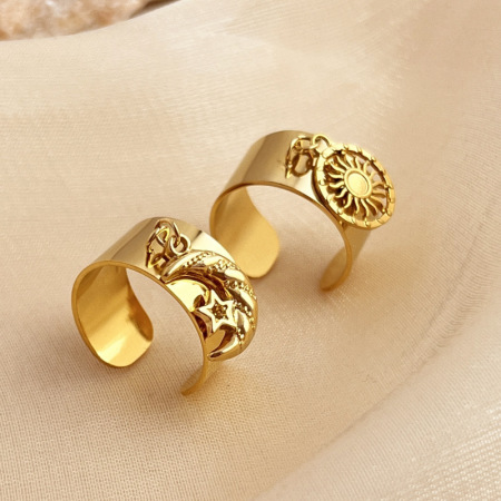 Bague ajustable pour femme, collection Designable, style rétro soleil, en acier inoxydable étanche couleur or (1 pièce).