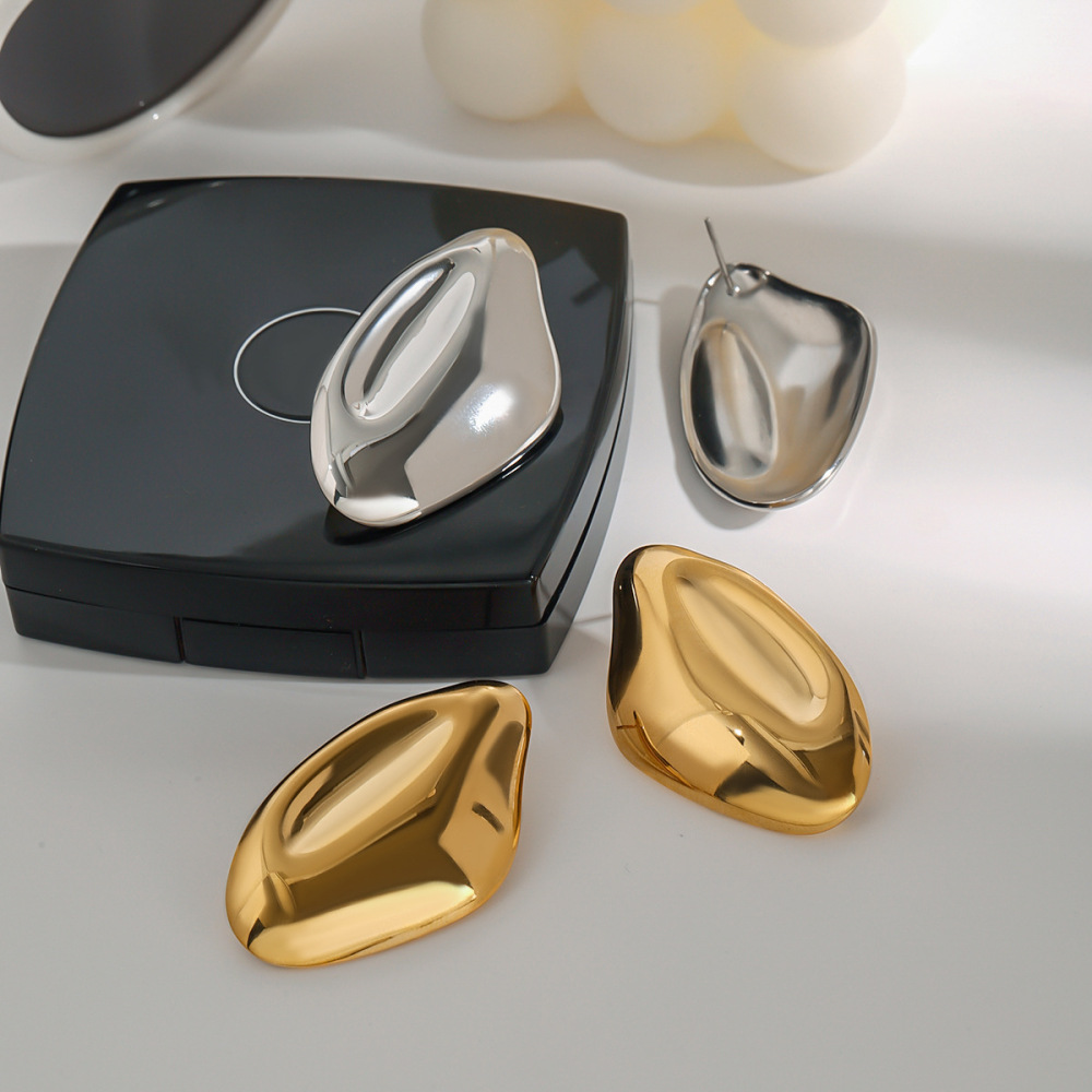 Boucles D'Oreilles Puces Pour Femme, Collection Commute, Forme Ovale Irrégulière, En Acier Inoxydable, Couleur Or, Étanches, 1 Paire Image4
