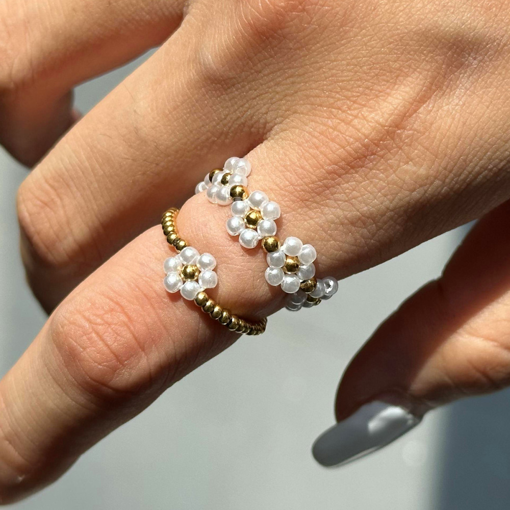 1 Paire De Bagues Ajustables Pour Femme, Série Classique, Élégantes, En Acier Inoxydable Plaqué Or , Avec Perles Artificielles Image3