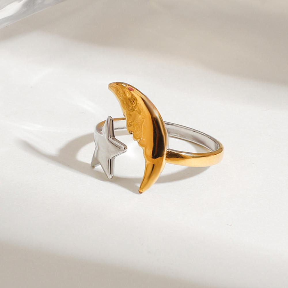 Bague Ajustable Pour Femme, En Acier Inoxydable Bicolore Or Et Argent, Étanche, Motif Étoile Et Lune. Image5