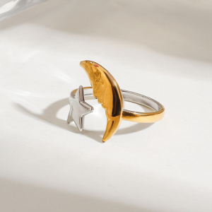 Bague Ajustable Pour Femme, En Acier Inoxydable Bicolore Or Et Argent, Étanche, Motif Étoile Et Lune. h5 Image5