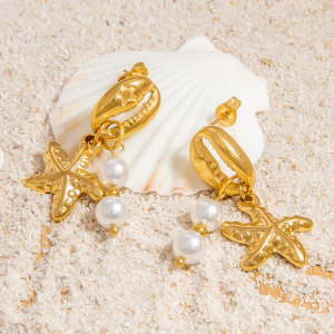 Boucles D'Oreilles Pendantes Pour Femme, Motif Coquillage, Collection Marine Series, En Acier Inoxydable Étanche Couleur Or (1 Paire). h5 Image5