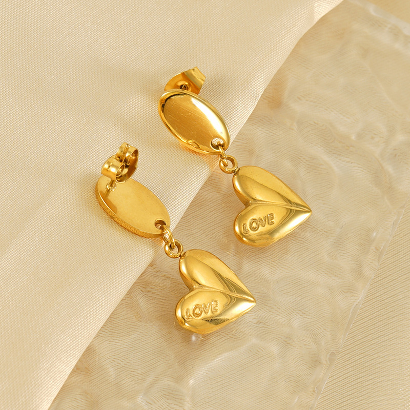 1 Paire De Boucles D'Oreilles Rétro En Acier Inoxydable Plaqué Or En Forme De Cœur Pour Femmes, Boucles D'Oreilles En Acier Titane À La Mode, Boucles D'Oreilles Pendantes Pour Femmes Image3