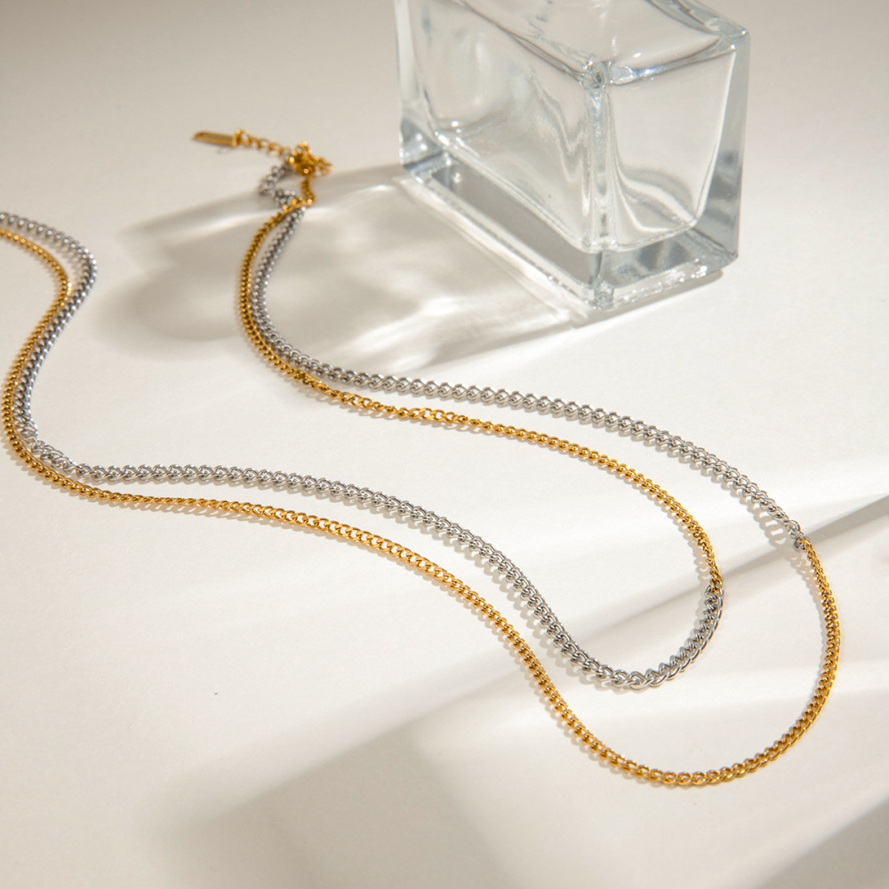 Collier Chaîne Minimaliste Double Couche Pour Femme, En Acier Inoxydable Étanche, Coloris Or Et Argent, À Porter Au Quotidien (1 Pièce) Image4