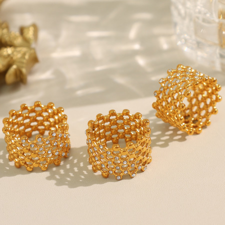 1 paire de bagues simples géométriques rétro en acier inoxydable plaqué or avec strass pour femme