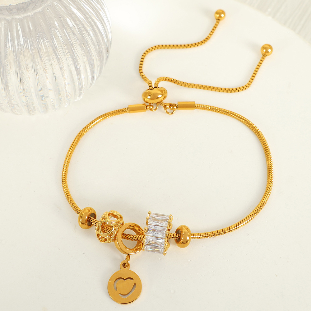 Bracelet À Breloques Pour Femme, Série Simple, Style Décontracté, En Acier Inoxydable Plaqué Or , Avec Zircons h5Image4
