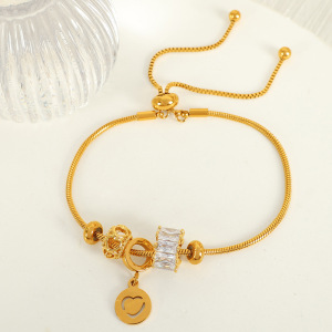 Bracelet À Breloques Pour Femme, Série Simple, Style Décontracté, En Acier Inoxydable Plaqué Or , Avec Zircons h5 Image4