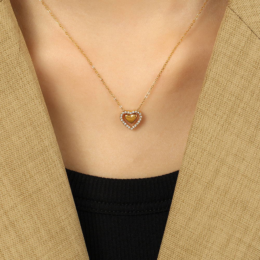 Collier Avec Pendentif En Forme De Cœur Élégant En Acier Titane Plaqué Or  Et Strass Pour Femme, Série Romantique, 1 Pièce Image5