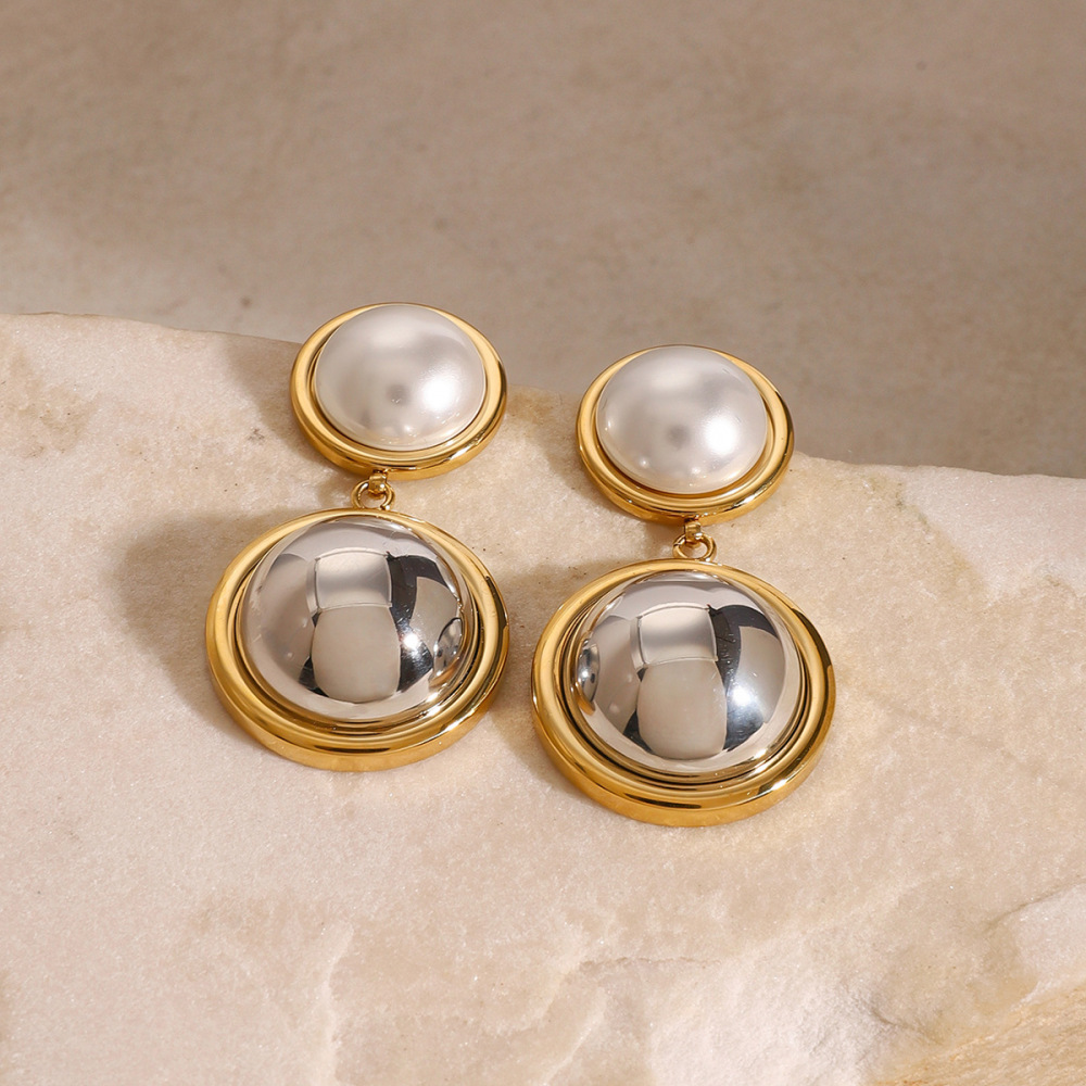 1 Paire De Boucles D'Oreilles Pendantes Rondes En Acier Inoxydable Plaqué Or  Pour Femmes, Série Simple , Avec Perles Artificielles Image2