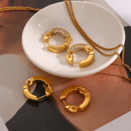 1 paire de boucles d'oreilles créoles élégantes en acier inoxydable plaqué or  avec strass pour femme, série simple 2