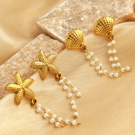 Boucles d'oreilles à perles en forme d'étoile de mer, style quotidien, en acier inoxydable doré, pour femme (1 paire).