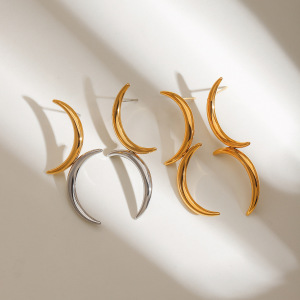 Boucles D'Oreilles Puces Pour Femme, Style Simple, En Forme De Lune, En Acier Inoxydable Étanche, Couleur Or (1 Paire). h5 Image4